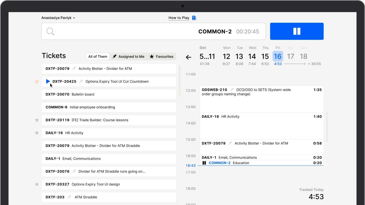 Time-tracking app interface featuring tasks, time logs, and performance dashboard.