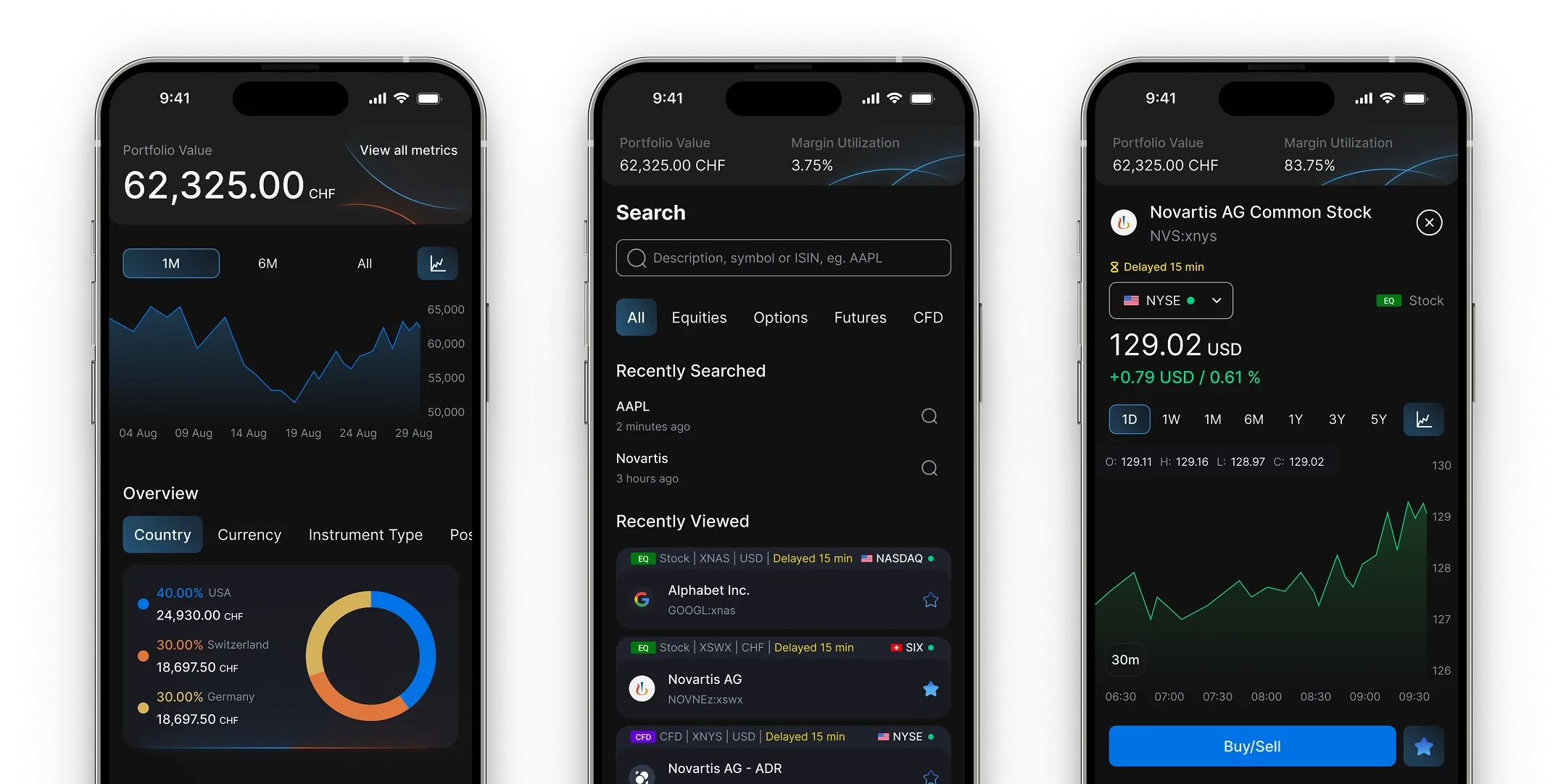 Collage of mobile app screenshots showing a modern trading platform with portfolio, charts, search, and buy/sell options.