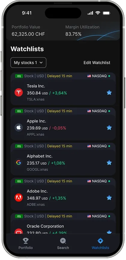 Third screenshot of the mobile trading platform's Main app section